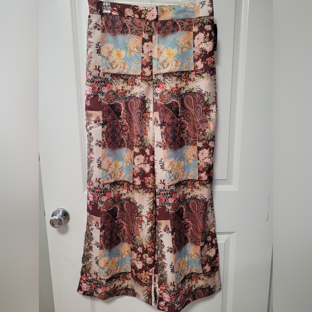 Boston Proper Floral Patchwork Print Wide-Leg Pants, Size Medium, M